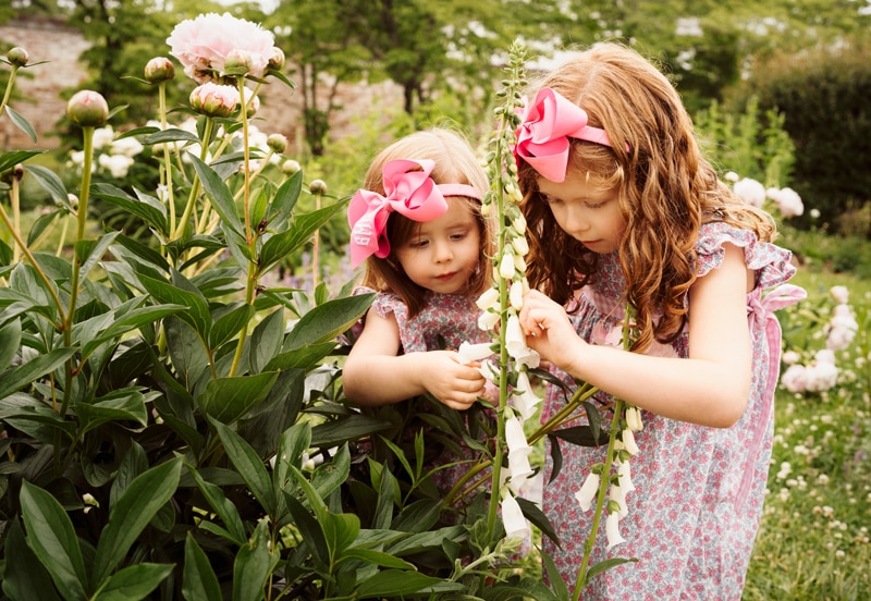 Family Photographer, two little girls looking at flowers