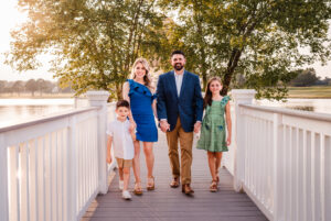 Family Photographer, family of 4 standing on white bridge